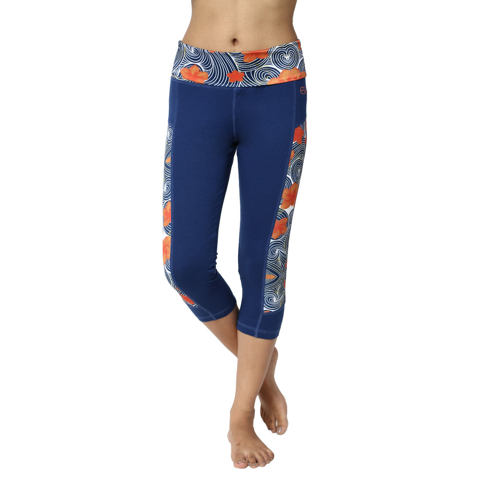 Frangipani Blue Leggings with Rollover Waistband