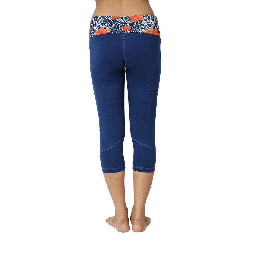 Frangipani Blue Leggings with Rollover Waistband