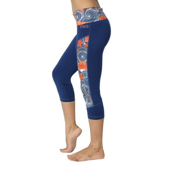 Frangipani Blue Leggings with Rollover Waistband