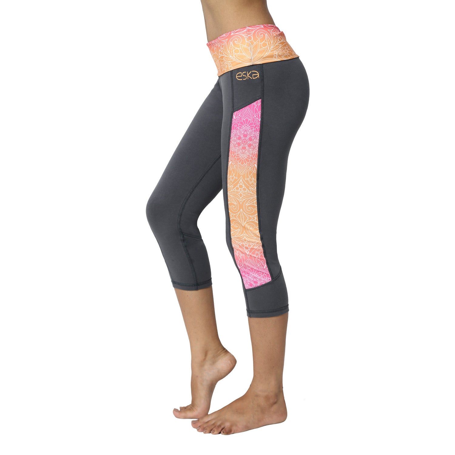 Mandala Grey Leggings with Rollover Waistband - Eska Fashion